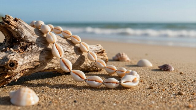 A cowrie shell necklace rests gracefully on weathered driftwood beside golden sand, with ocean waves gently rolling in under clear blue skies.