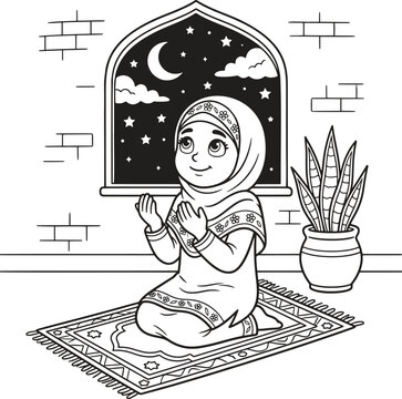 A young girl in a hijab prays on a rug by a window with a moon view for spiritual and cultural editorial or children book design.