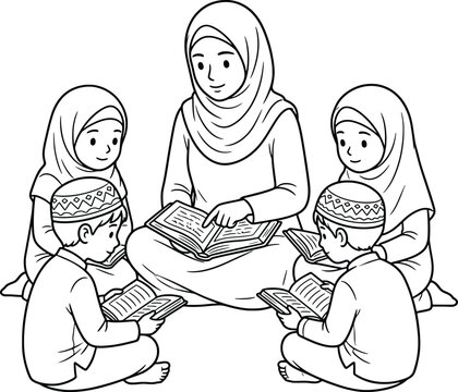 Muslim woman teacher reading the quran with a group of young children in a classroom setting drawing