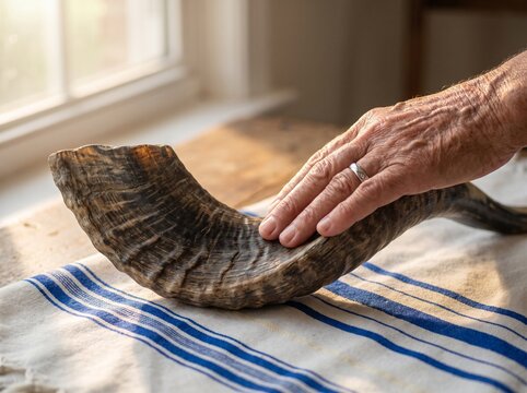 Hand gently touching a traditional Shofar horn on a white Tallit for Jewish New Year