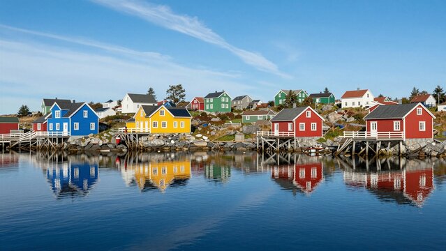 Vibrant coastal houses at Peggy's Cove stand on rocky shores, their colorful reflections shimmering across tranquil waters under a clear blue sky.