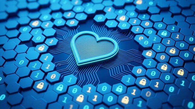 Digital Heart with Binary Code and Padlocks on Hexagonal Network