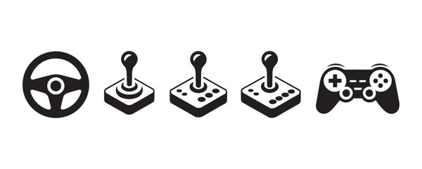 Isometric black monochrome gaming equipment collection featuring steering wheel arcade joysticks and wireless gamepad on transparent checker background. © Vectors-Stock