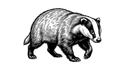 Vintage woodcut etching of a European badger walking, black and white wildlife illustration in a classical engraving style, detailed animal sketch on white background. © Harist