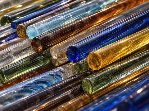 A collection of long, cylindrical glass rods in various colors including blue, amber, green, and clear, arranged in a diagonal pattern