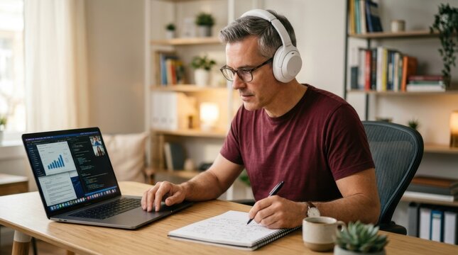 Mature man working from home on laptop and writing in notebook with headphones on