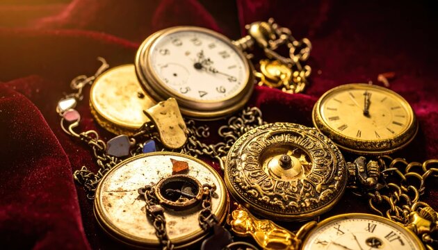 Collection of antique gold pocket watches and chains on red velvet background.