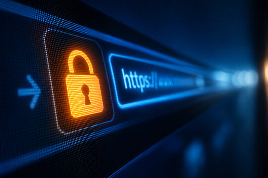 Futuristic secure login interface with glowing padlock and HTTPS address bar, illustrating cybersecurity, data protection, online privacy, and secure web access.