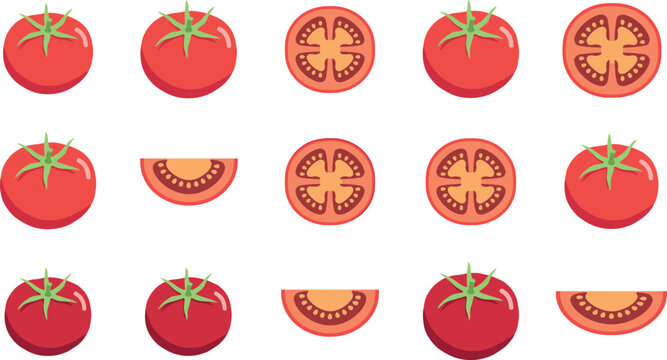 Fresh red tomato vector set with whole ripe tomatoes half slices and wedges isolated on clean white background