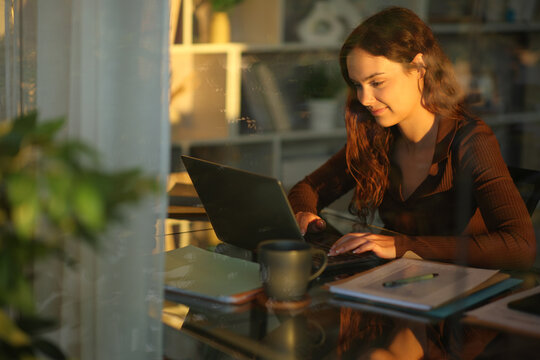 Satisfied telecommuter using laptop to work online at home