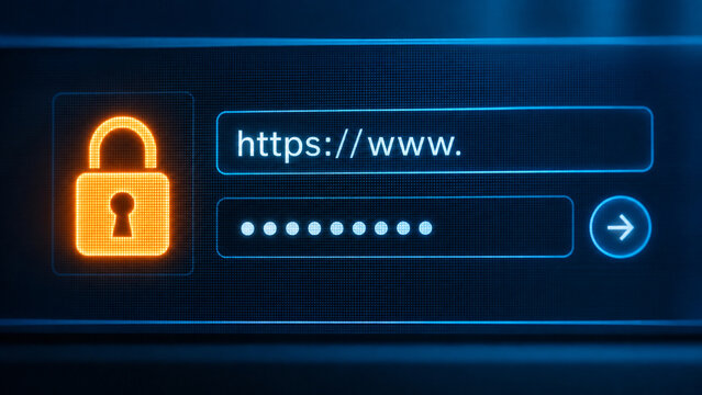 Futuristic cybersecurity login interface with a glowing digital padlock, secure website access, password protection, and data privacy concept for modern technology and business applications.