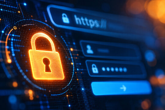 Cybersecurity concept featuring a glowing padlock and secure login interface, representing online security, data protection, privacy, and safe digital access.