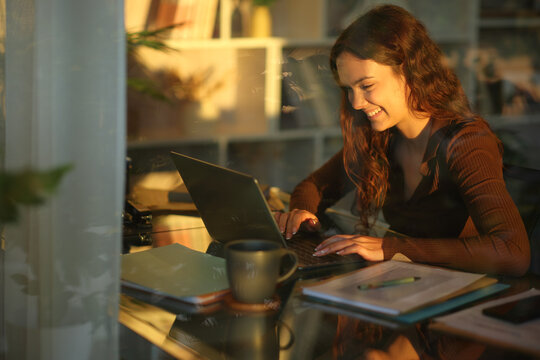 Happy telecommuter using laptop to work online at home at sunset