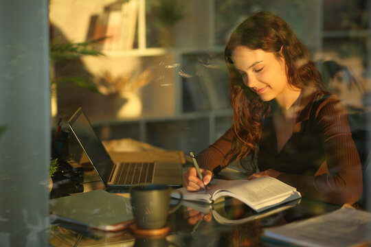 Young telecommuter handwriting in paper agenda at sunset