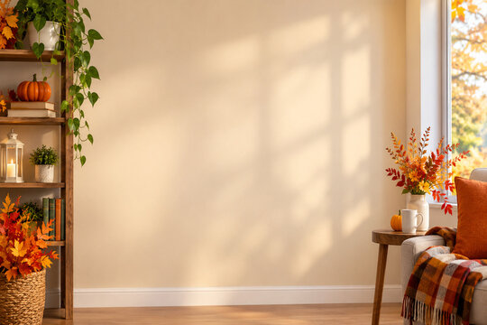 Cozy Autumn Interior Background with Warm Fall Decor and Copy Space