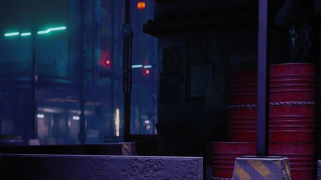 A dimly lit industrial area shows a concrete barrier with yellow stripes. Red barrels are stacked nearby. Neon lights glow in the background, giving the scene a lively look at night.