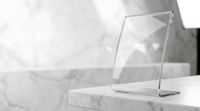 Perspective View Of Blank Clear Acrylic Sign Holder Mockup Standing On White Marble Countertop On Bright Background