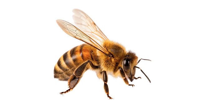 Detailed wildlife macro illustration of honey bee insect flying dynamically in mid air