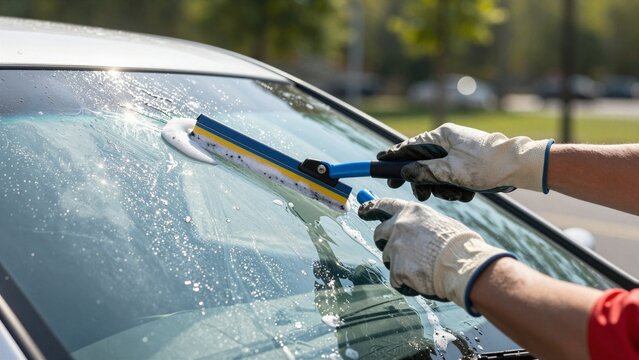 A person wearing gloves uses a blue squeegee to clean soapy water off a shiny car windshield on a sunny day.