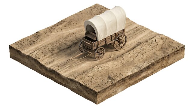 Western Covered Wagon on a Dirt Trail Isometric Representation Isolated on White