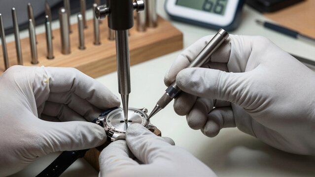 Skilled hands assemble a luxury watch case with meticulous tools and focused attention to detail.