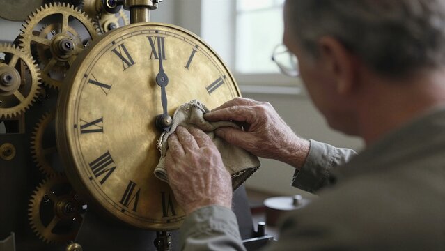 An elderly clockmaker meticulously cleans a vintage brass timepiece with Roman numerals and exposed gears in a softly lit workshop.