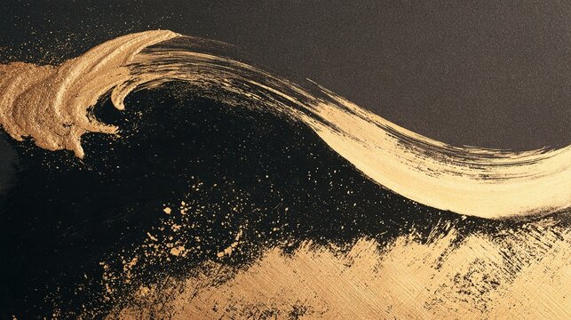 Minimalist abstract artwork with stylized gold foil wave on textured black backdrop, Japanese lacquerware aesthetic, cross‑hatch distressed texture and fine golden paint splatters