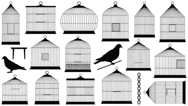 Vintage bird cages collection and bird silhouettes set with various wire cage shapes vector illustration isolated on white background