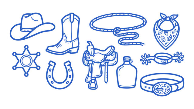 Cowgirl western doodle set featuring boots hat and sheriff star