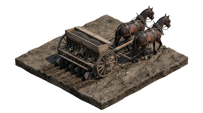 Horses pulling a vintage wooden seed drill on brown soil isolated on white background