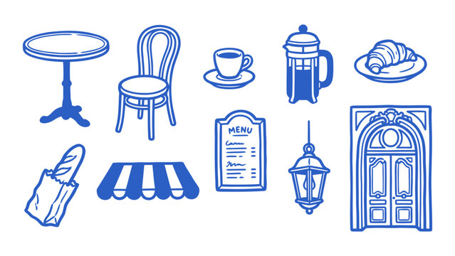 Paris cafe doodle set featuring table chair coffee and baguette