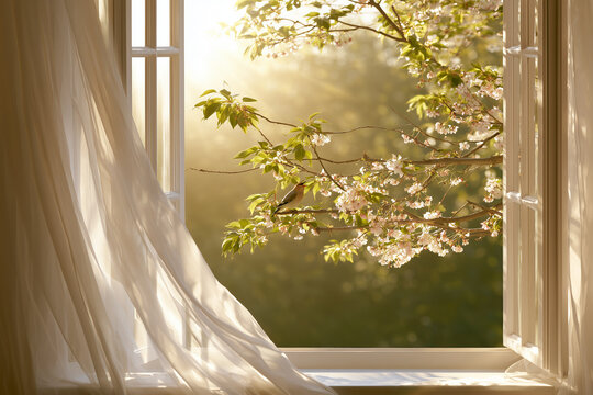 A beautiful spring morning, an open window. Just outside the window, a budding tree branch holds a small nightingale, joyfully singing.
