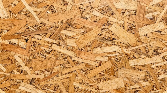 Close-up texture of oriented strand board OSB wood panel background, showing compressed wooden chips and flakes, ideal for construction, industrial, and rustic design projects.