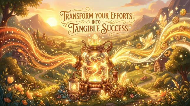 Magical machine transforms efforts into tangible success with glowing golden energy and gears in a fantasy landscape