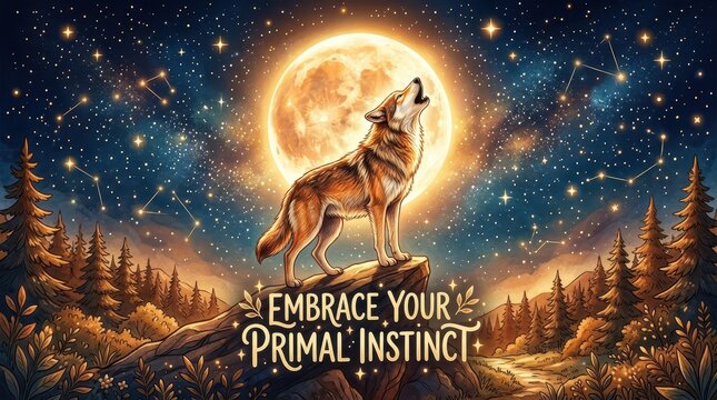 Majestic wolf howling at a glowing full moon under a starry sky filled with constellations, symbolizing primal instinct and wilderness.