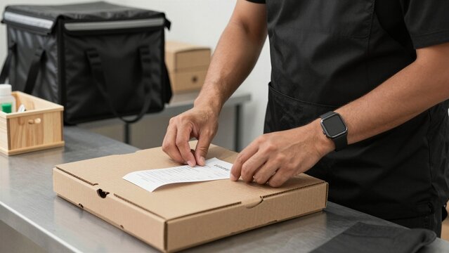 A delivery worker attaches a receipt to a pizza box before leaving it with an insulated bag nearby.