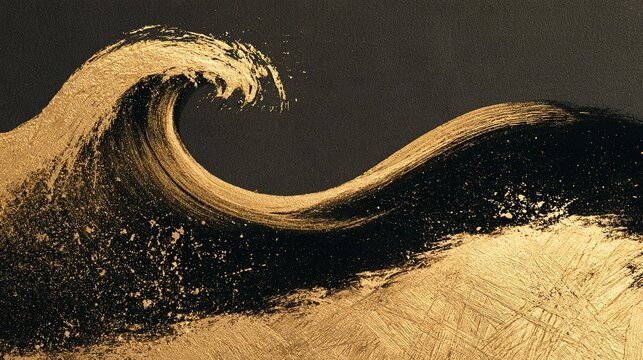 Minimalist abstract artwork with stylized gold foil wave on textured black backdrop, Japanese lacquerware aesthetic, cross‑hatch distressed texture and fine golden paint splatters