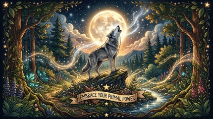 Obraz premium Majestic wolf howling at a luminous full moon in a magical forest under a starry night sky with enchanting light trails