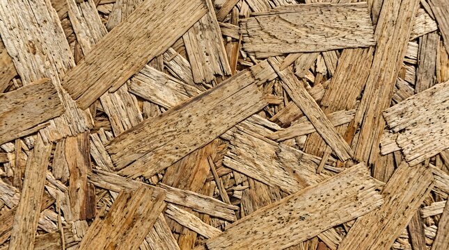Oriented strand board OSB texture with rough wooden background. Macro close-up of compressed wood chips, splinters, and flakes showing natural brown timber pattern for construction and design.