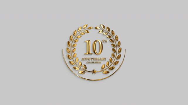 10th anniversary golden text animation with metallic lettering, laurel wreath, and star ornament for celebrations, weddings, party invitations, festivals. 4k motion graphic with alpha channel