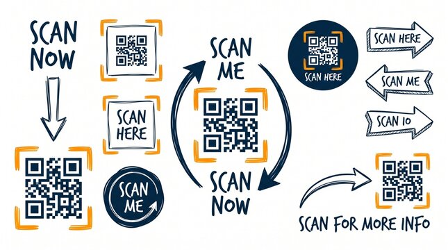 Set of hand drawn qr code frames and scan call to action buttons for digital marketing on white background
