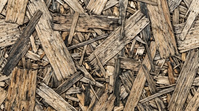 Weathered OSB wood texture background with compressed rough timber flakes and shavings, aged brown oriented strand board panel surface for construction and rustic design