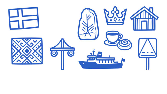 Swedish symbols doodle set featuring a flag horse and maypole