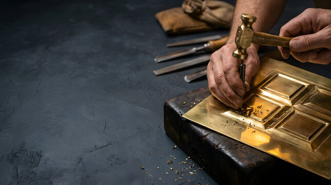 Close Up View Of Artisan Hands Hammering Brass Plate With Chasing Hammer And Punch Tool On Dark Textured Background