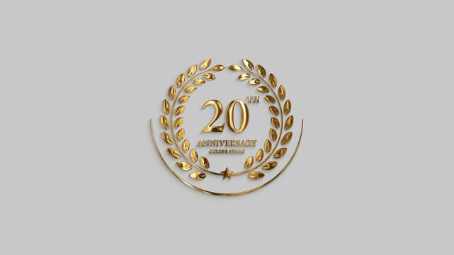 Luxury golden 20th anniversary emblem animation featuring metallic numbers, laurel wreath, and star ornament for celebrations, weddings, party invitations, festivals. 4k motion graphic with alpha chan