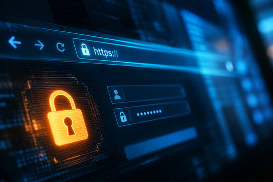 Futuristic cybersecurity login interface with glowing padlock, secure browser address bar and digital security elements representing online privacy, data protection and secure access.