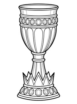 Ornate Jeweled Fantasy Chalice Goblet Coloring Pages with Medieval Royal Filigree, Gemstones, Floral Scrollwork and Black Outline on White Background