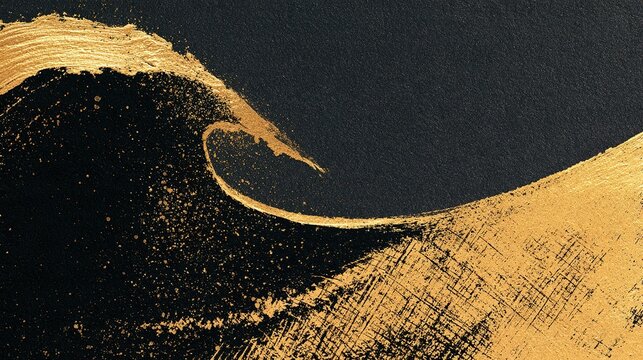 Minimalist abstract artwork with stylized gold foil wave on textured black backdrop, Japanese lacquerware aesthetic, cross‑hatch distressed texture and fine golden paint splatters