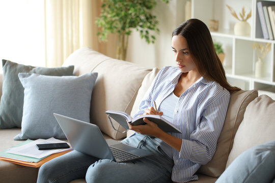 Telecommuter taking notes in agenda watching laptop content