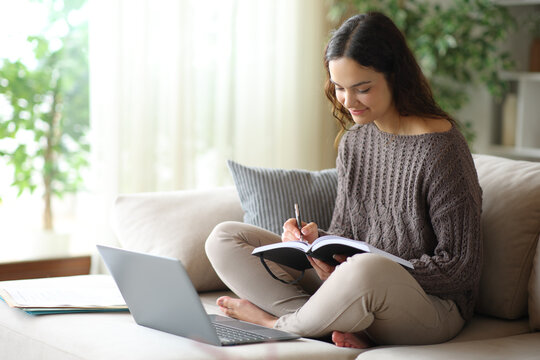 Young telecommuter writing in agenda working on a couch